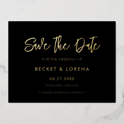 Contemporary Save the date black  gold foil card