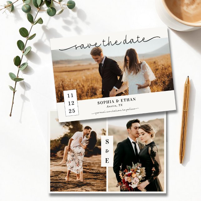 Contemporary Script Modern Beige Photo Wedding Save The Date (Creator Uploaded)
