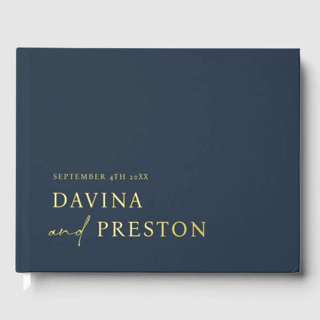 Contemporary Script Modern Simple Minimalist NAVY Foil Guest Book (Front)