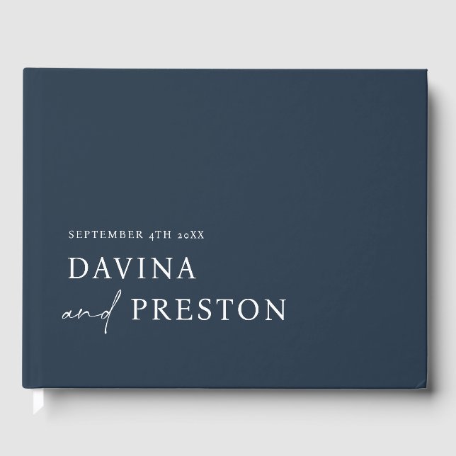 Contemporary Script Modern Simple Minimalist NAVY Guest Book (Front)