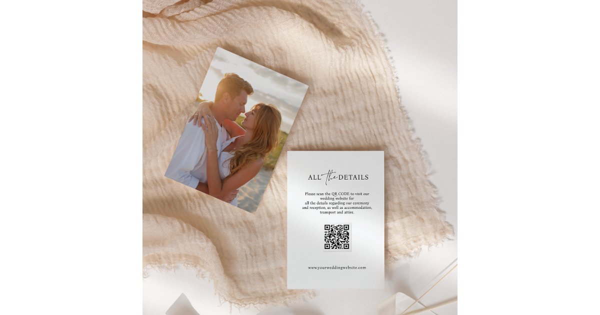 Answer Booklet Script Qr Code Photo Contemporary Script QR Code PHOTO Wedding Details Enclosure Card | Zazzle