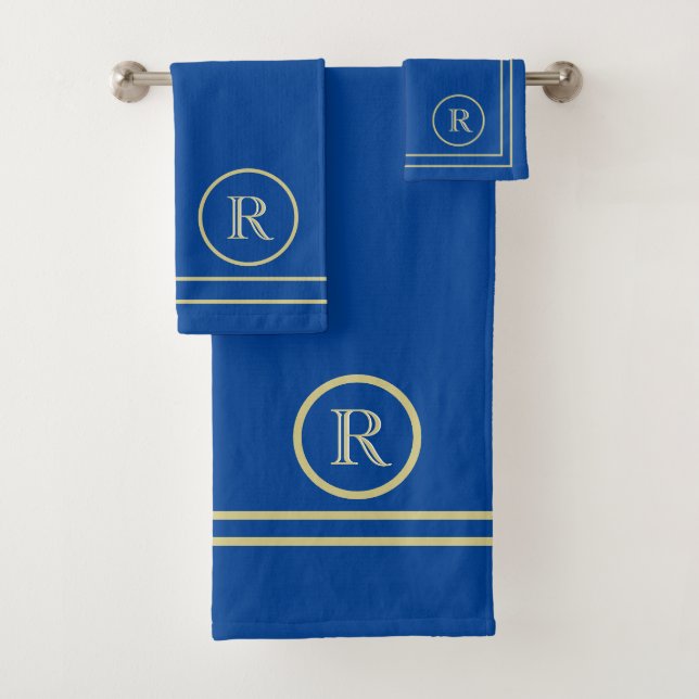Contemporary Serene Elegant Blue Unique Monogram  Bath Towel Set (Insitu)