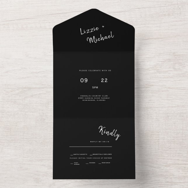 Contemporary Simple Black Monogram Wedding  All In One Invitation (Inside)