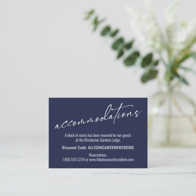Contemporary Simple Navy Blue Accommodations Enclosure Card (Standing Front)