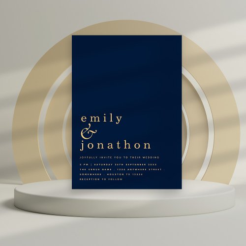 Contemporary Simple Text Navy Gold  Wedding  Invitation