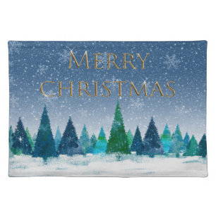 Contemporary Snowy Blue Forest Merry Christmas Cloth Placemat