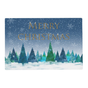 Contemporary Snowy Blue Forest Merry Christmas Placemat