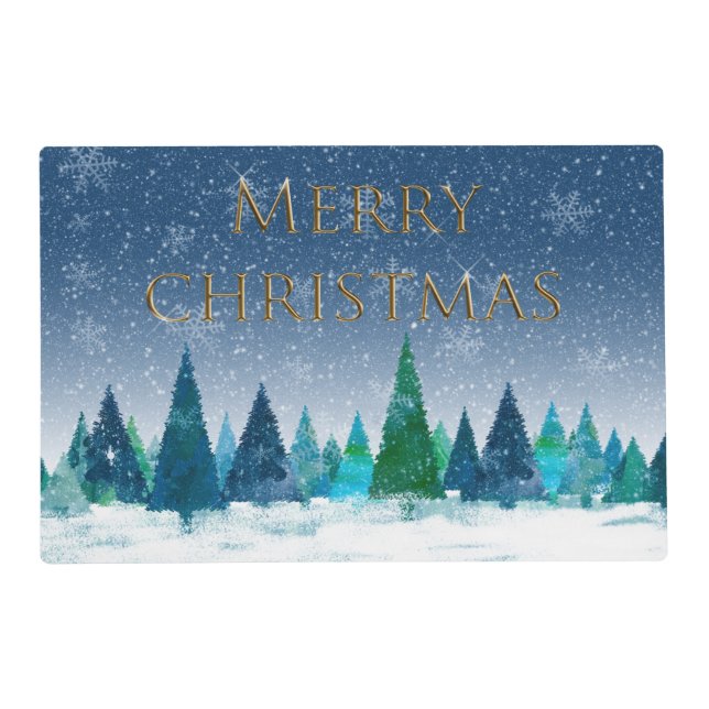 Contemporary Snowy Blue Forest Merry Christmas Placemat (Front)