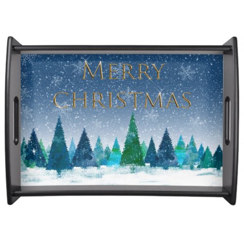 Contemporary Snowy Blue Forest Merry Christmas Serving Tray