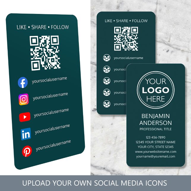 Contemporary Social Media Logo QR Code Teal Business Card (Creator Uploaded)