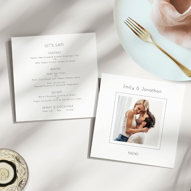 Contemporary Square Photo Wedding Menu (Front and back view)