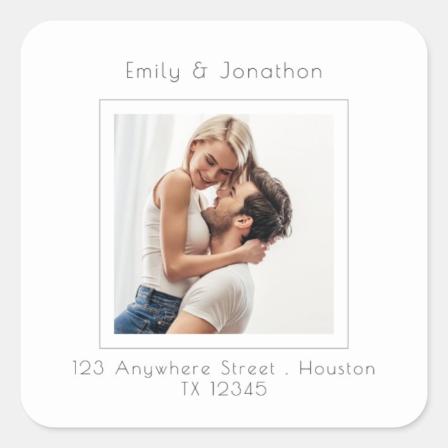 Contemporary Square Photo Wedding Return Address Sticker (Front)