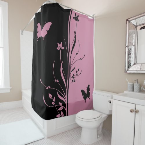 Contemporary striking Black and cashmere rose pink Shower Curtain