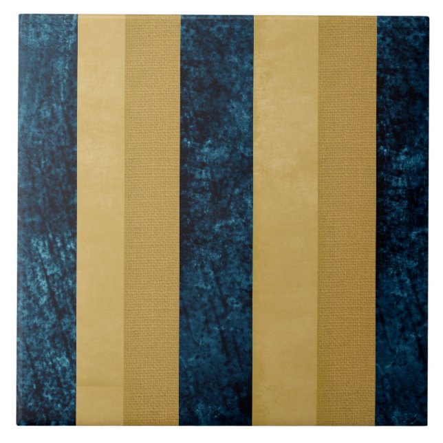 Contemporary Striped Royal Blue, Gold, Buttercream Ceramic Tile (Front)