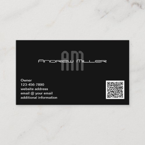 Contemporary Stylish Monogram Black QR Code Business Card