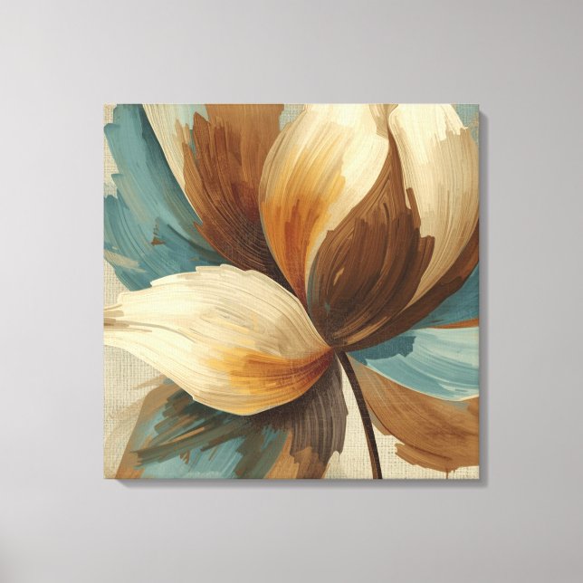 Contemporary Teal Green Rust Brown Abstract Floral Canvas Print (Front)