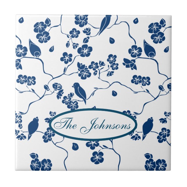 Contemporary Toile Birds & Florals Ceramic Tile (Front)