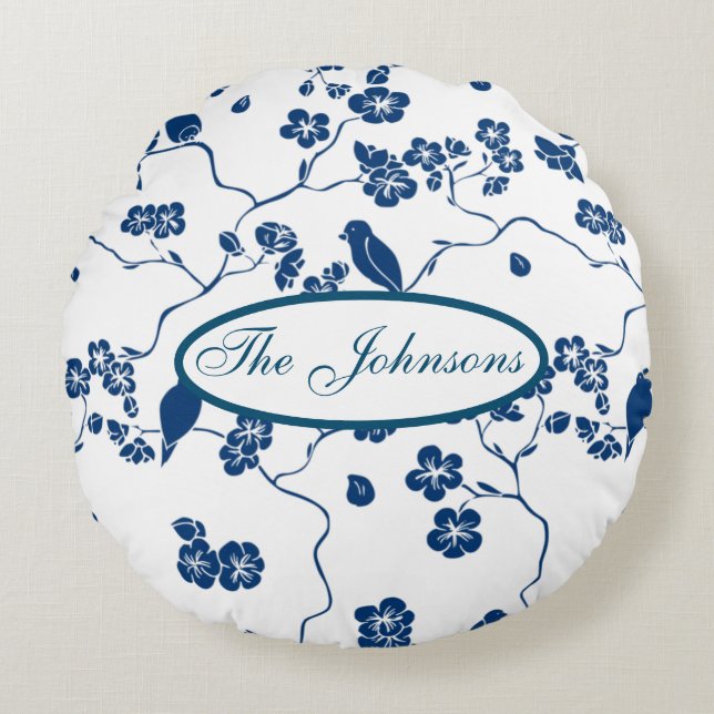 Contemporary Toile Birds & Florals Round Pillow (Front)