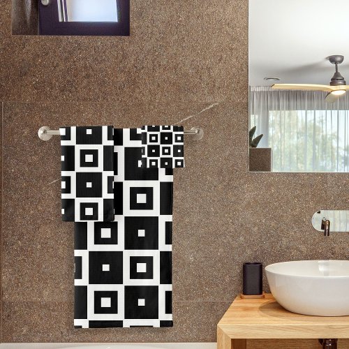 Contemporary Trendy Black  White Squares Pattern Bath Towel Set