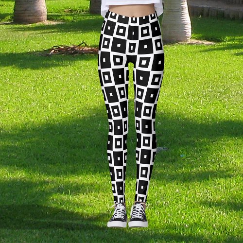 Contemporary Trendy Black  White Squares Pattern Leggings