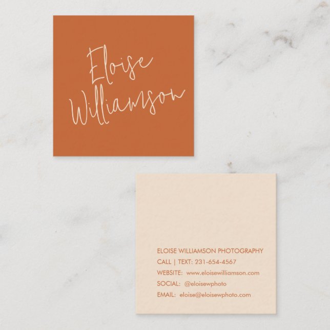 Contemporary Trendy Chic Bold Calligraphy Orange Square Business Card (Front/Back)