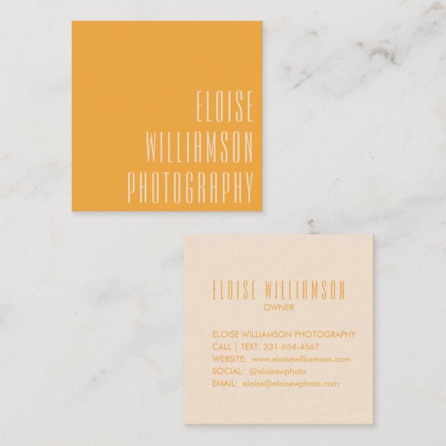 Contemporary Trendy Chic Bold Typography Yellow Square Business Card (Front/Back)