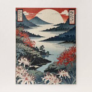 Contemporary ukiyoe, Japanese landscape in autumn Jigsaw Puzzle