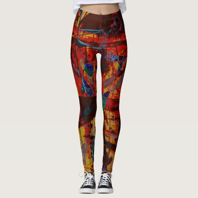 Contemporary Urban Street Art Red Abstract Modern Leggings (Front)