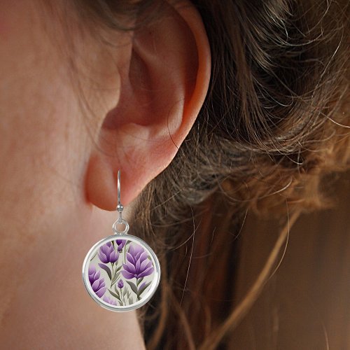 Contemporary Waldorf Floral Pattern Artwork Purple Earrings