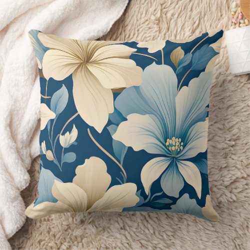 Contemporary Waldorf Floral Pattern Blue Beige Throw Pillow