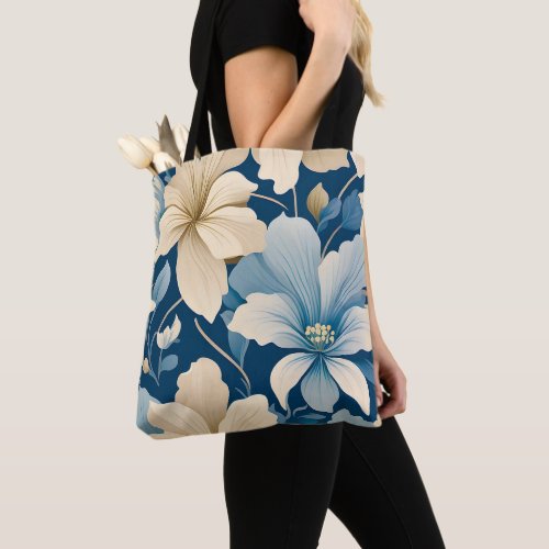 Contemporary Waldorf Floral Pattern Blue Beige Tote Bag