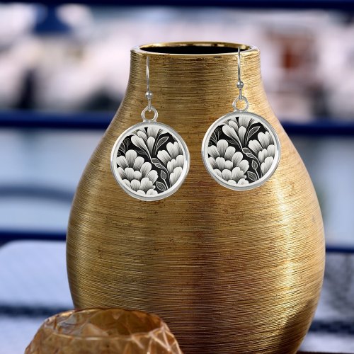 Contemporary Waldorf Leaf Pattern Black White Gray Earrings