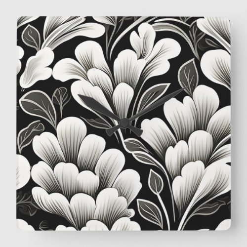 Contemporary Waldorf Leaf Pattern Black White Gray Square Wall Clock