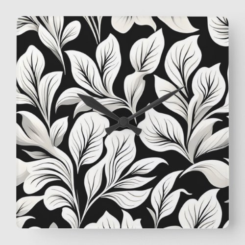 Contemporary Waldorf Leaf Pattern Black White Gray Square Wall Clock
