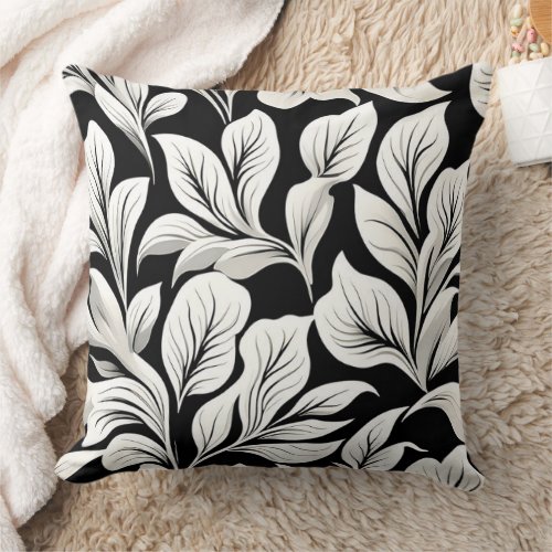 Contemporary Waldorf Leaf Pattern Black White Gray Throw Pillow