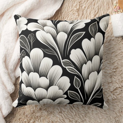 Contemporary Waldorf Leaf Pattern Black White Gray Throw Pillow