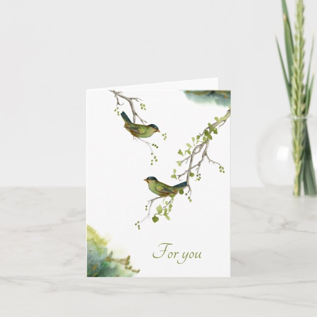 Contemporary Watercolor Birds on Berry Branches Card (Front)
