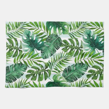Contemporary Watercolor Tropical Leaves Green Kitchen Towel by UnwrappedVisuals at Zazzle