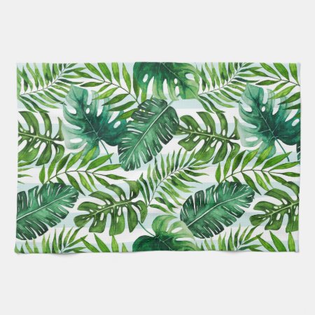 Contemporary Watercolor Tropical Leaves Green Kitchen Towel