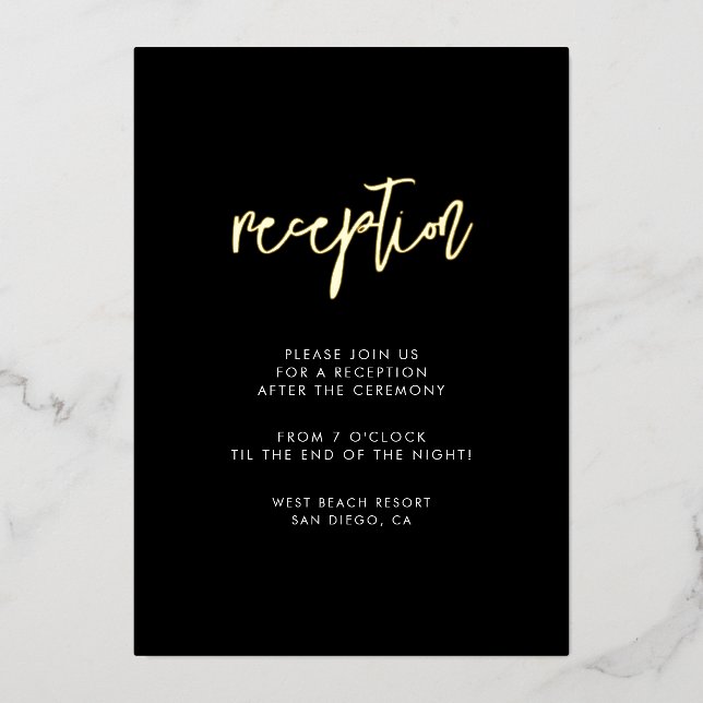 Contemporary wedding reception black and gold foil invitation (Front)