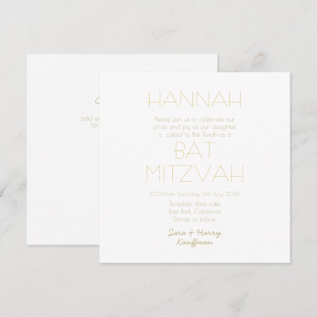 Contemporary  White Gold BAT BAR MITZVAH Classic Invitation (Front/Back)