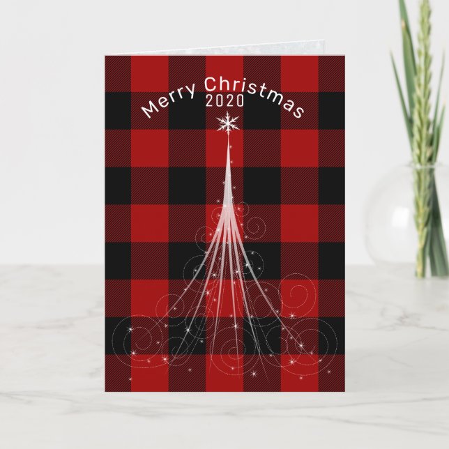 Contemporary white holiday star tree on plaid card (Front)