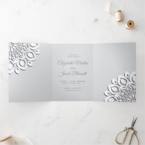 Contemporary White Papercut Mandala Wedding Tri_Fold Invitation