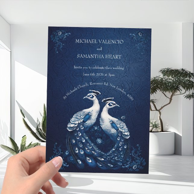 Contemporary White Peacocks on Navy Blue Wedding  Invitation (Creator Uploaded)