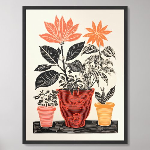Contemporary woodcut effect potted house plants framed art