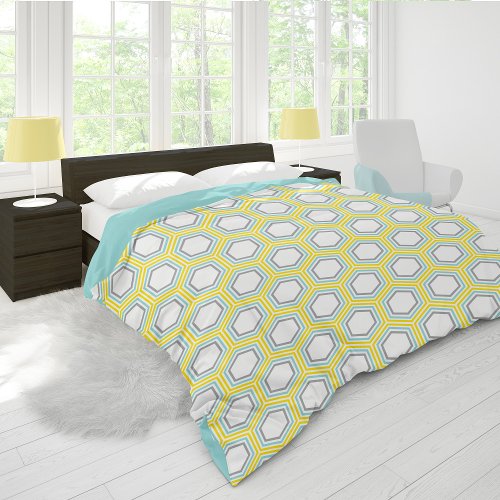 Contemporary Yellow and Aqua Honeycomb Pattern Duvet Cover