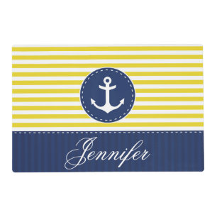 Contemporary Yellow Blue Anchor Personalized Text Placemat
