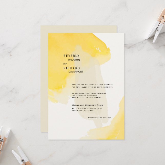 Contemporary Yellow & Cream Paint Swash Wedding II Invitation (Front/Back In Situ)