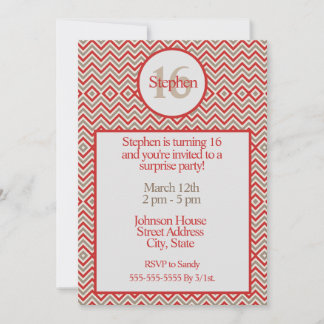 Contemporary Zig Zag Red White and Tan Birthday Invitation