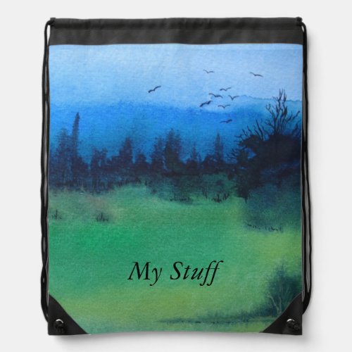 contempory abstract landscape design colorful  drawstring bag